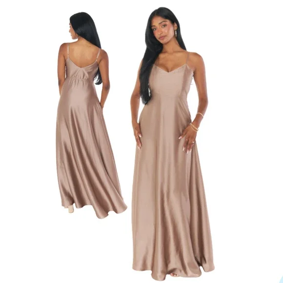Show Me Your Mumu Faith Maxi Dress in Dune Luxe Satin Size Small Bridesmaid  Gown